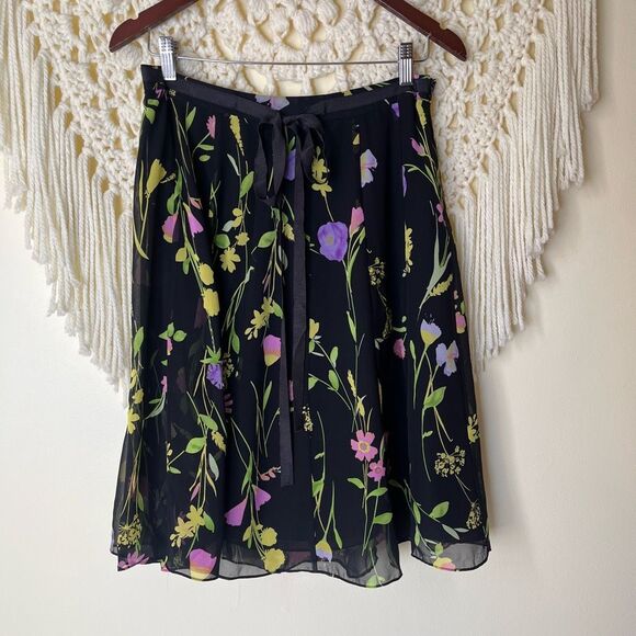 Vintage 90s Y2K A-Line Mini Skirt 100% Silk Black Spring Floral A-line 10 - Picture 2 of 8